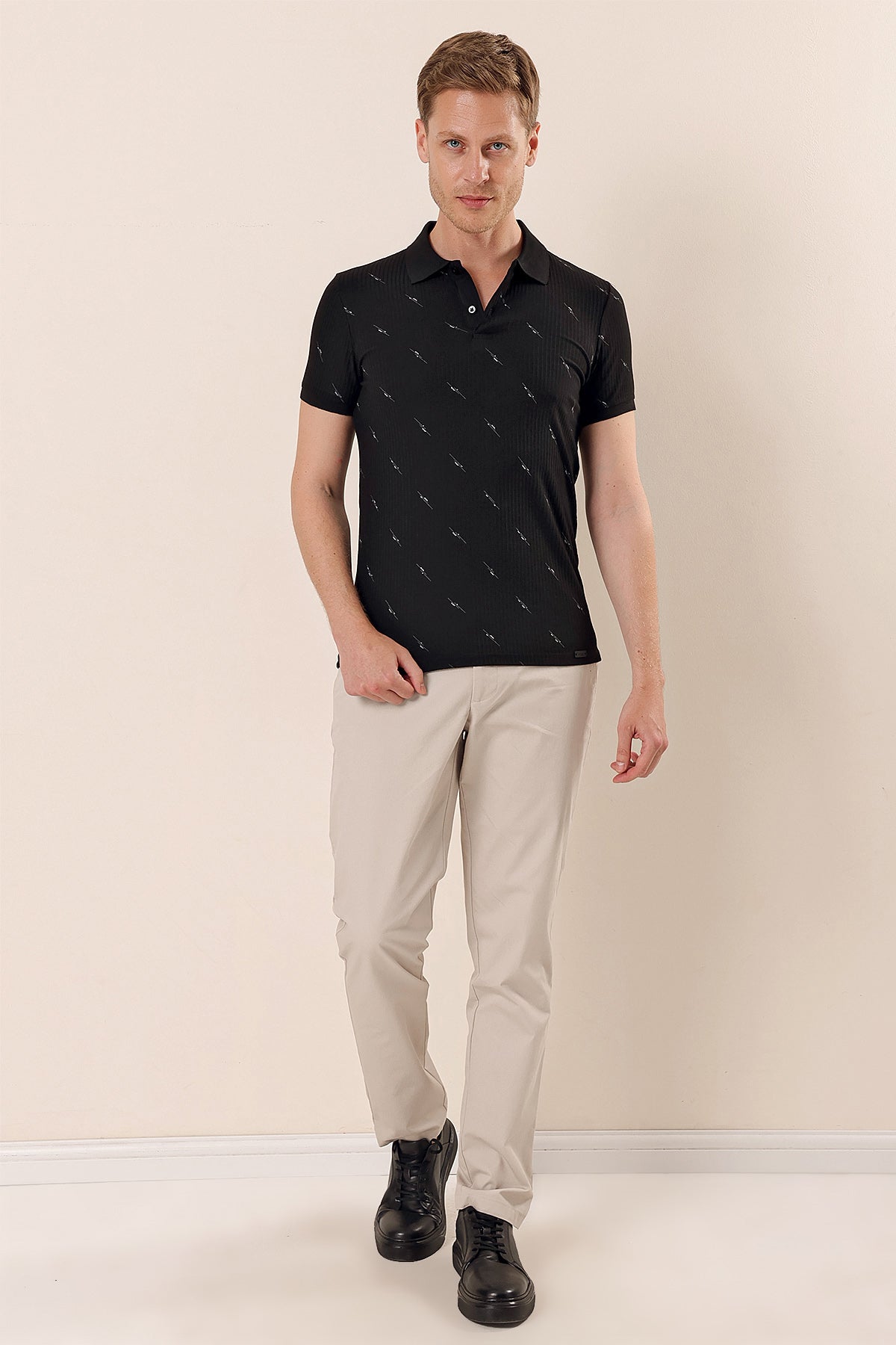 Slim-Fit Patterned Polo Shirt - Black