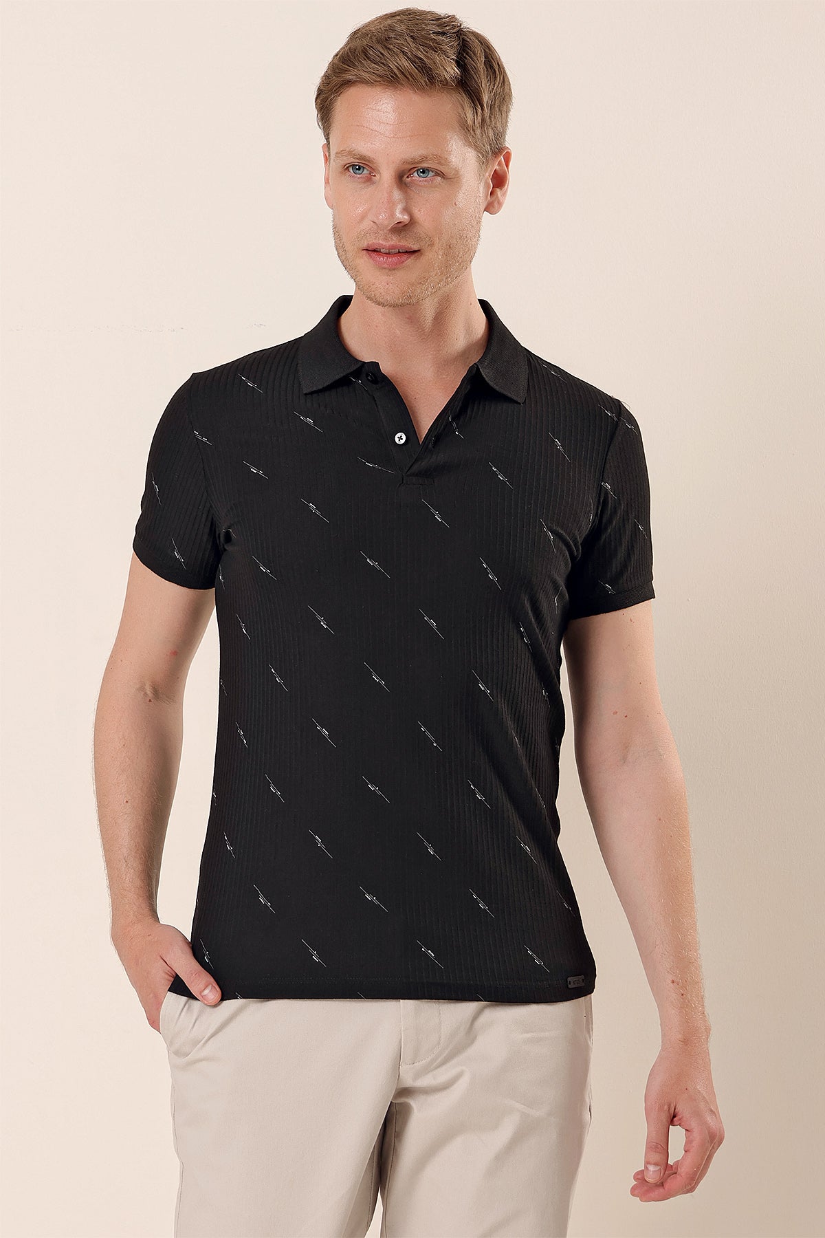 Slim-Fit Patterned Polo Shirt - Black