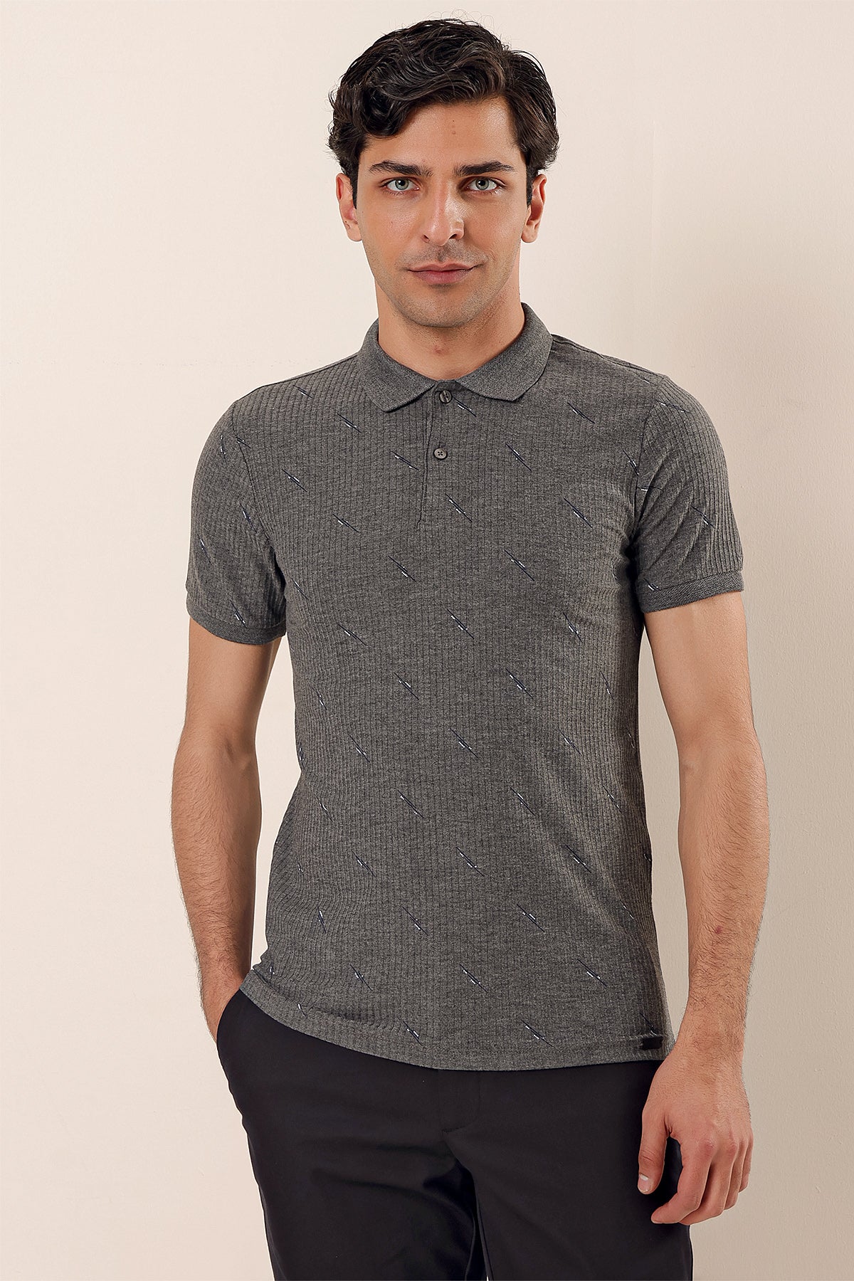 Slim-Fit Patterned Polo Shirt - Dark Grey