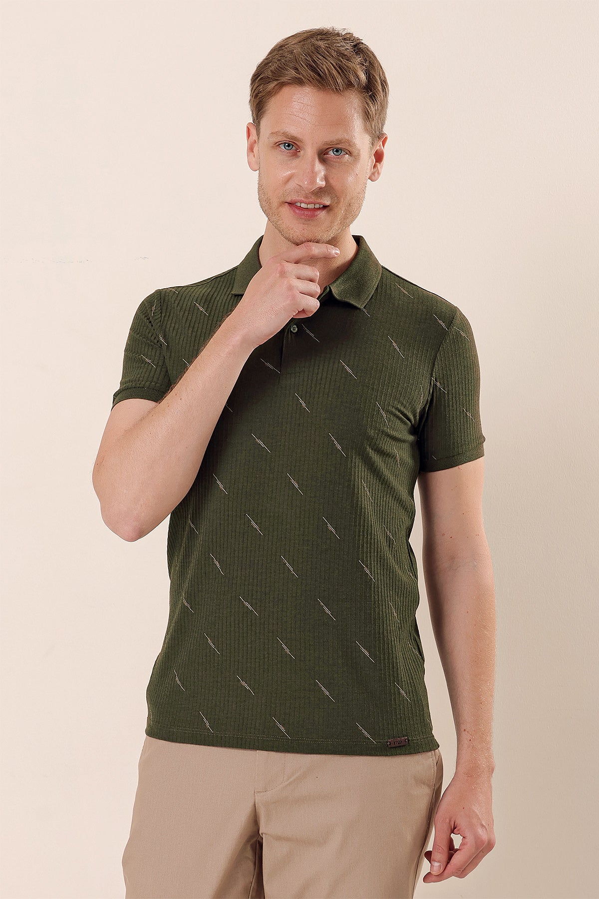 Slim-Fit Patterned Polo Shirt - Khaki