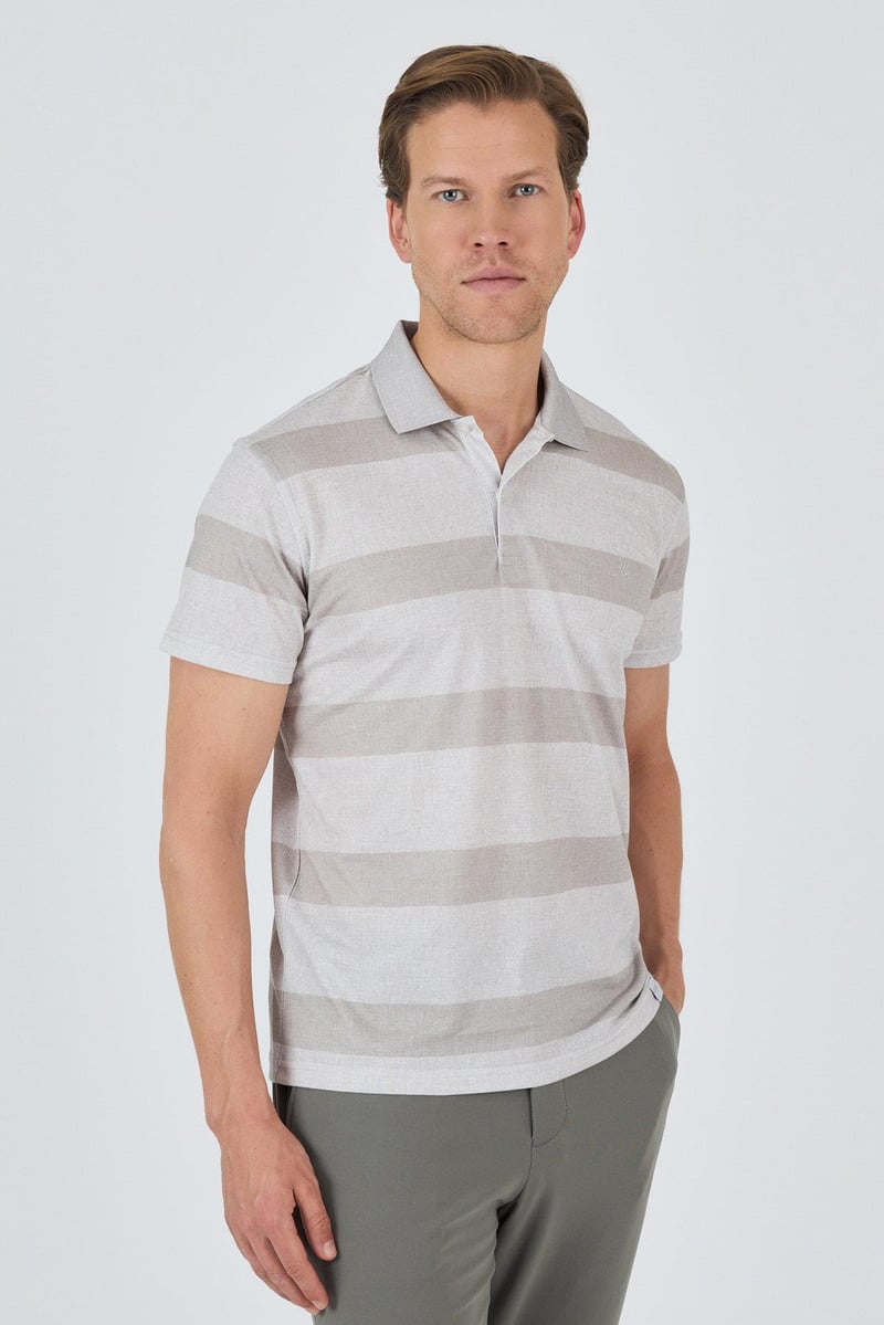 Slim-Fit Striped Polo Shirt - Beige