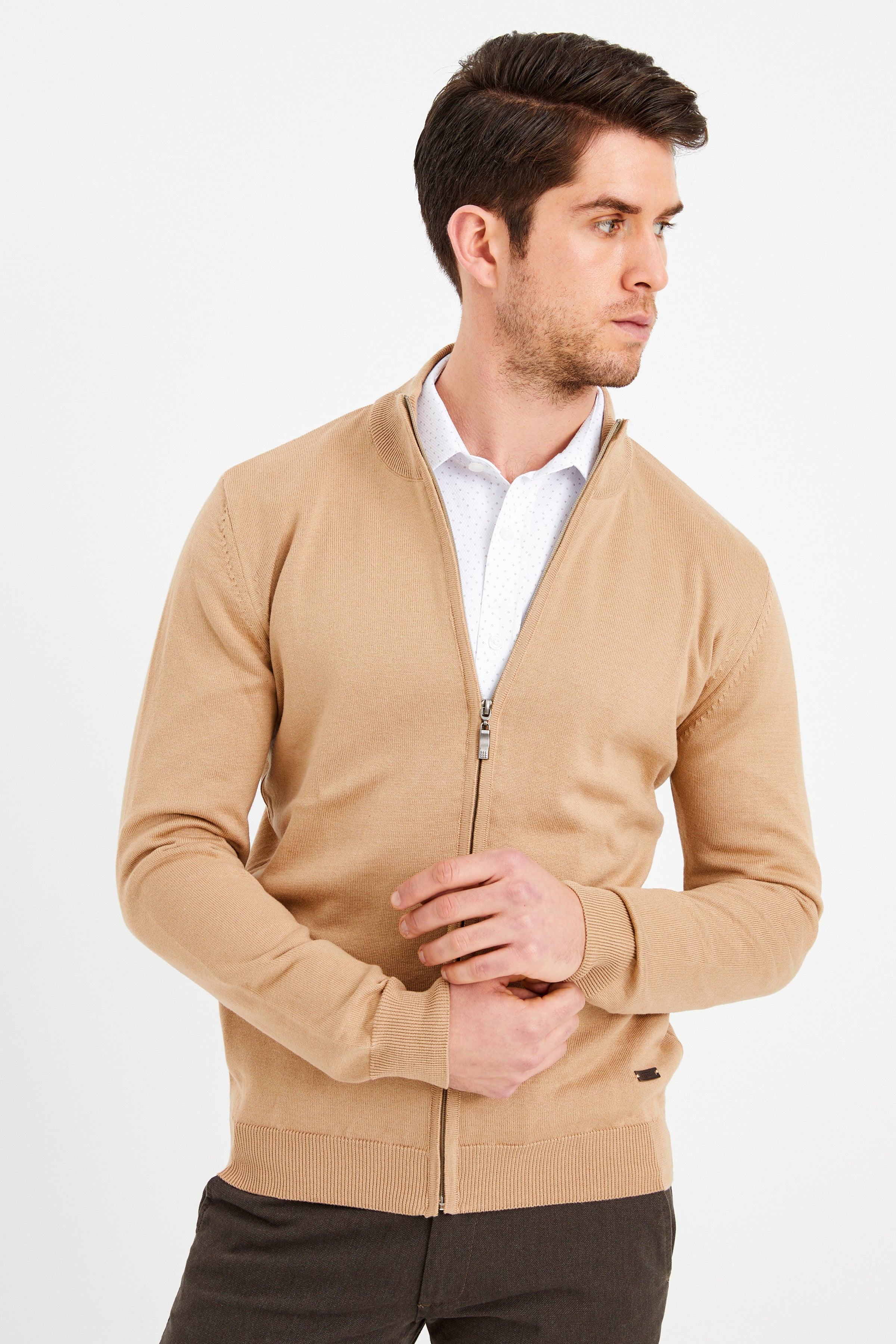 Comfort-Fit Stand-Up Collar Sweater - Camel