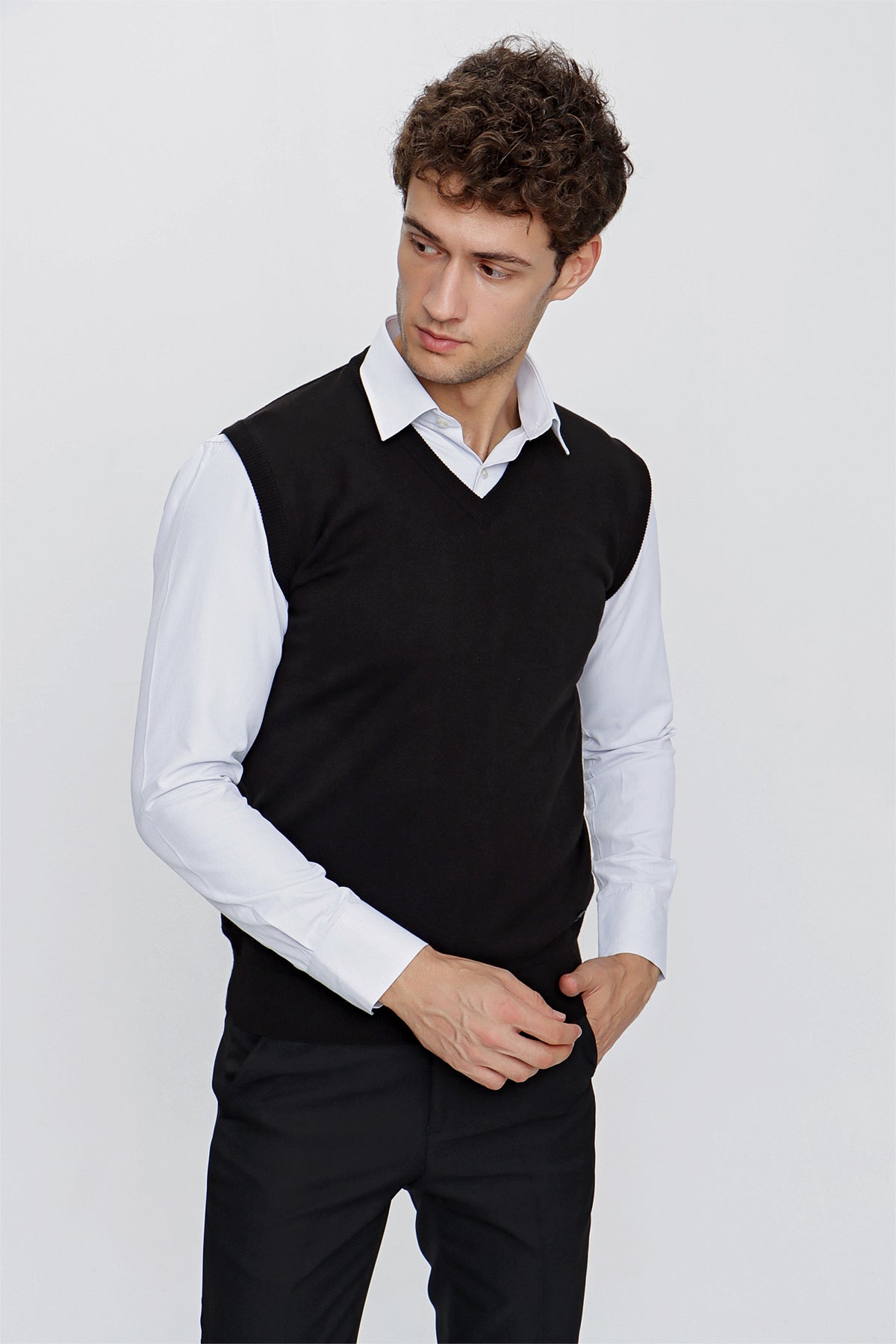 Slim-Fit V-Neck Sweater - Black