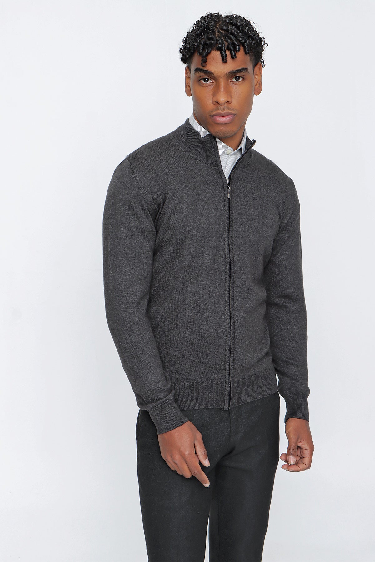 Comfort-Fit Stand-Up Collar Sweater - Grey