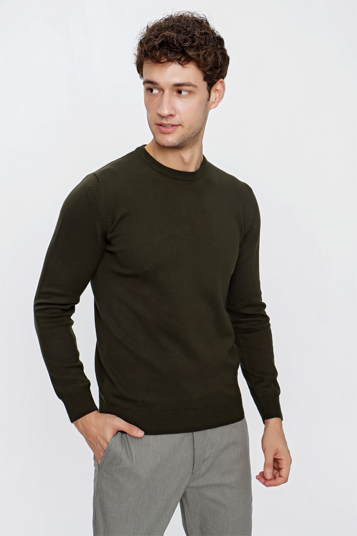 Comfort-Fit Round-Neck Knitwear - Dark Khaki