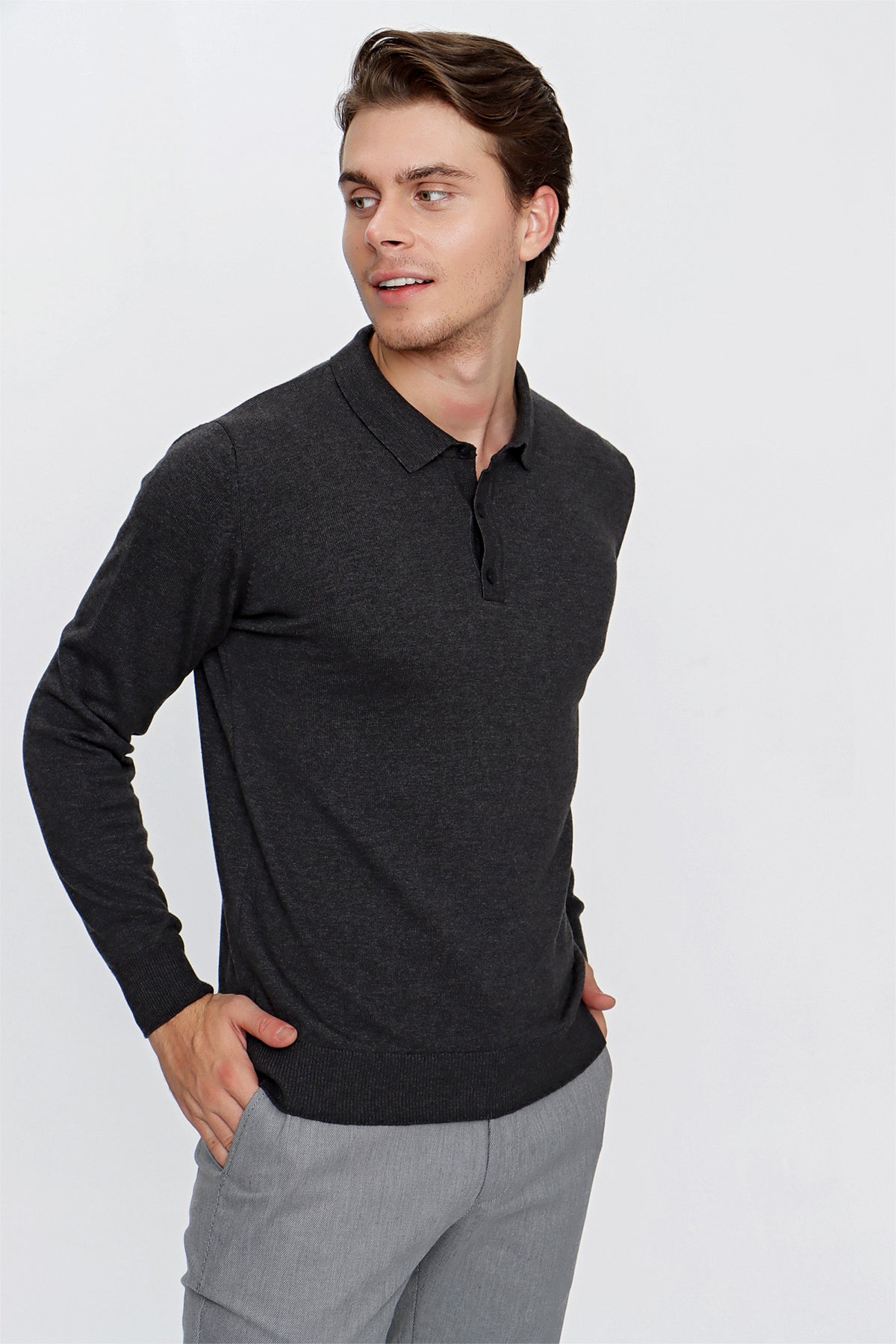 Comfort-Fit Polo-Neck Knitwear - Dark Grey