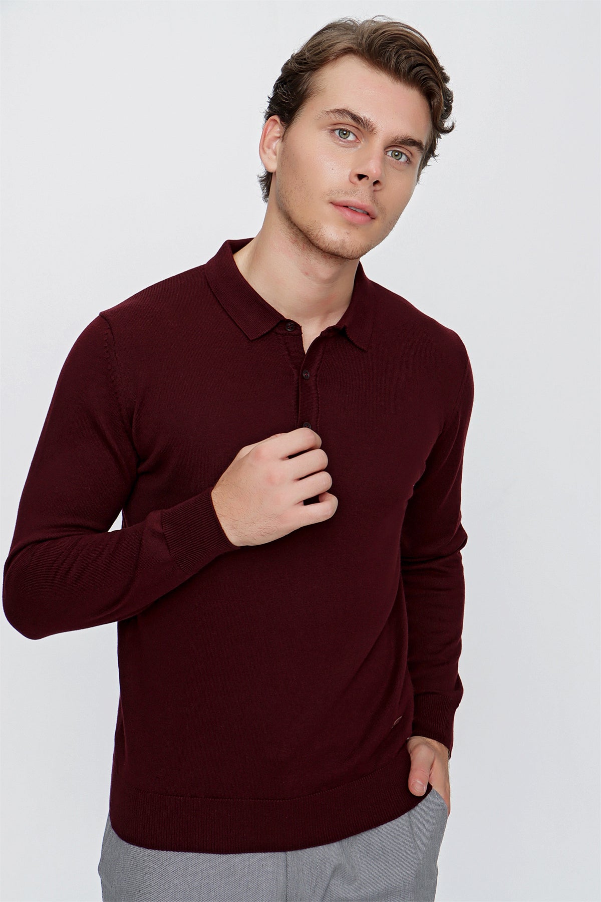 Comfort-Fit Polo-Neck Knitwear - Burgundy