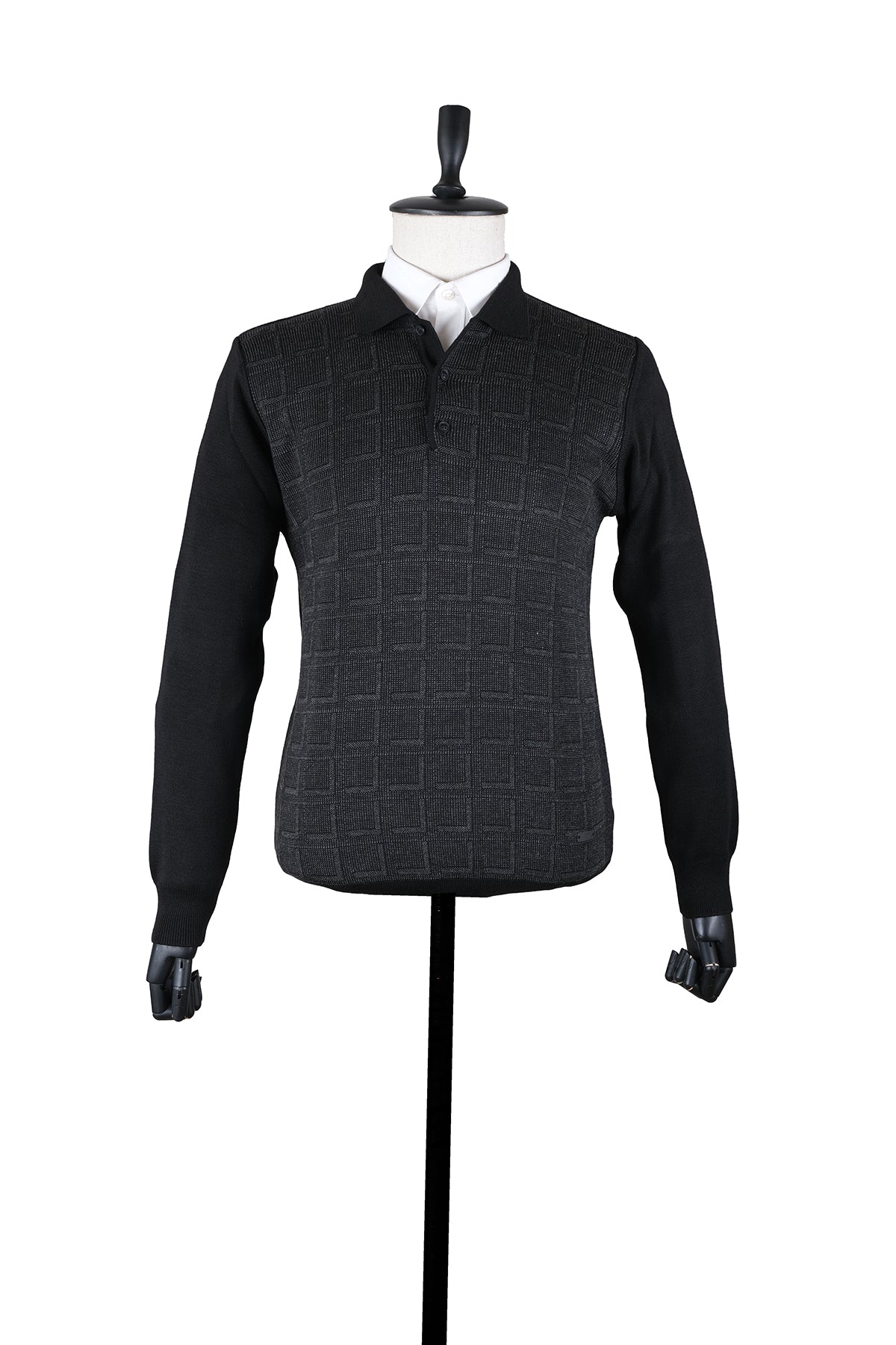 Comfort-Fit Polo-Neck Patterned Knitwear - Black