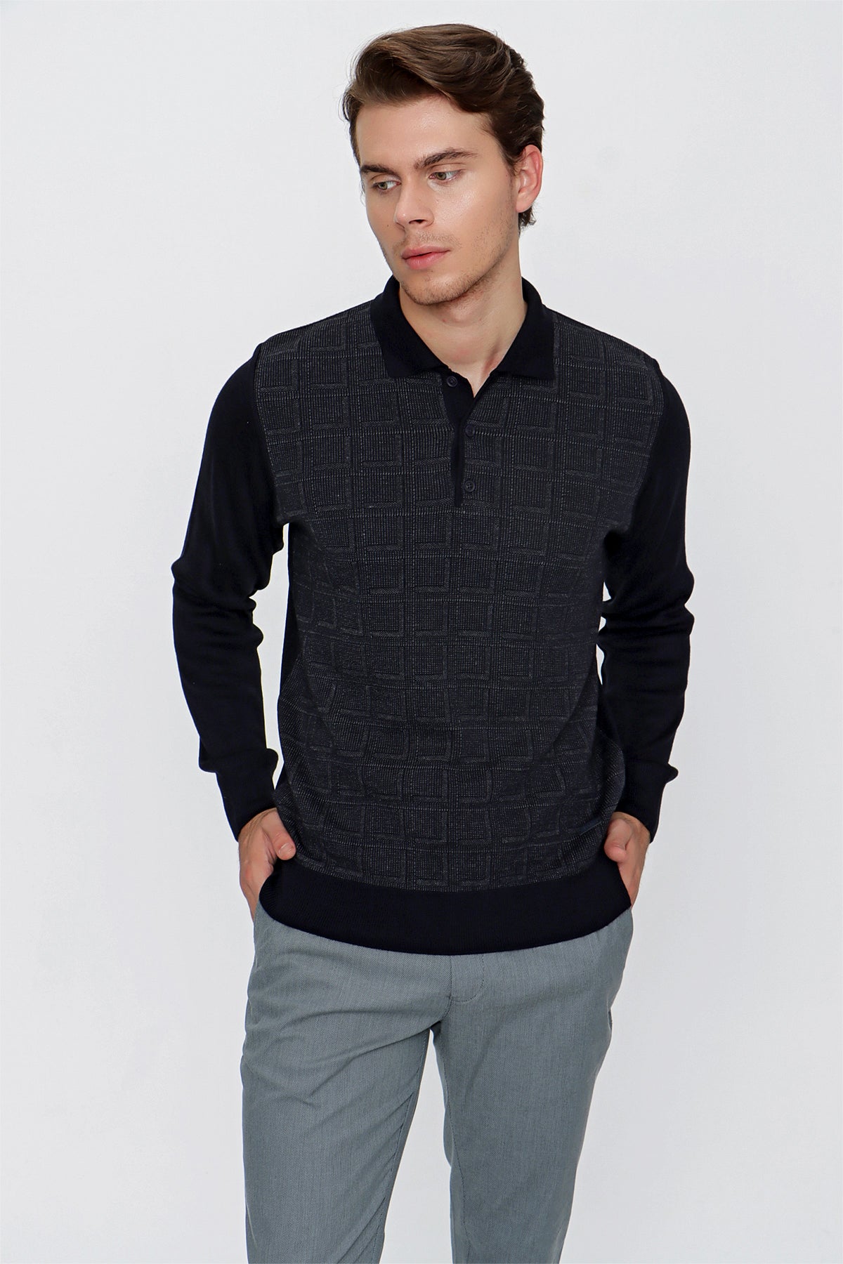 Comfort-Fit Polo-Neck Patterned Knitwear - Navy