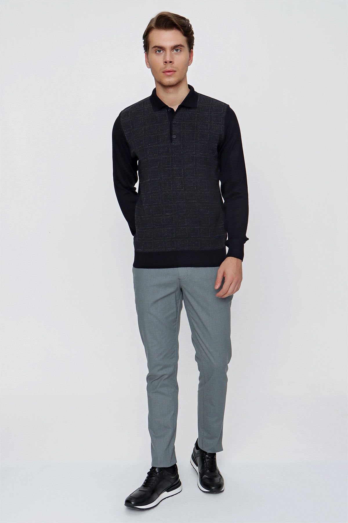 Comfort-Fit Polo-Neck Patterned Knitwear - Navy