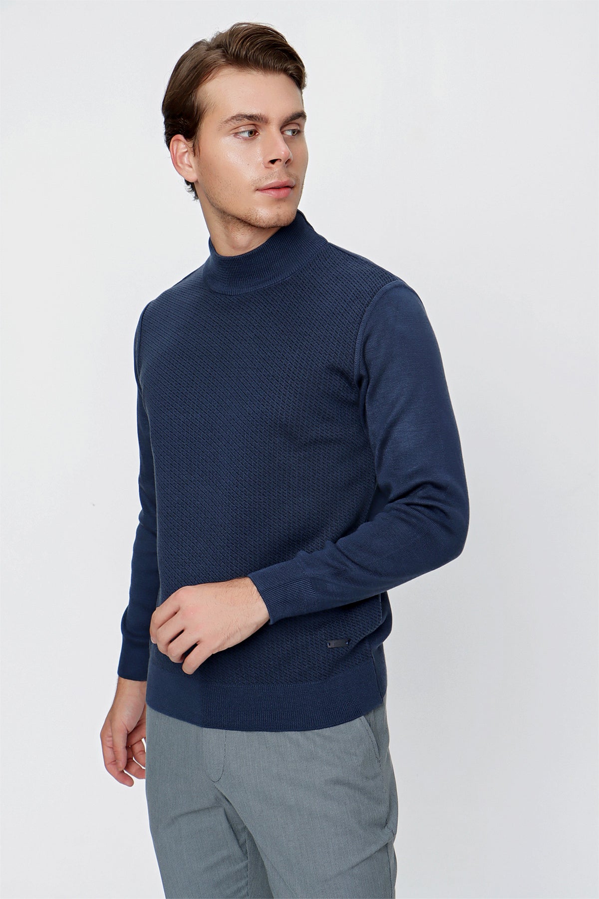 Comfort-Fit Half-Neck Patterned Knitwear - Navy Blue