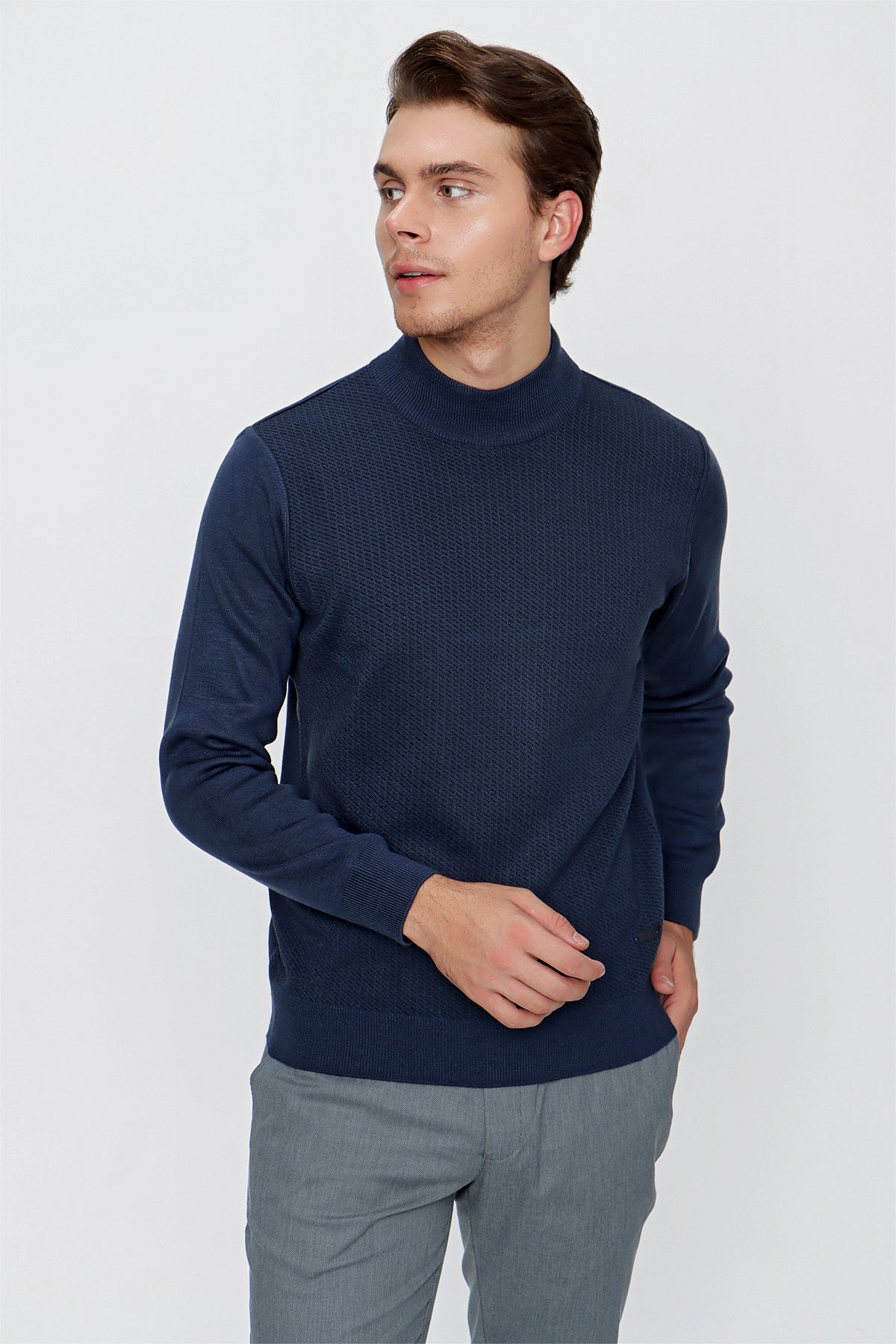 Comfort-Fit Half-Neck Patterned Knitwear - Navy Blue