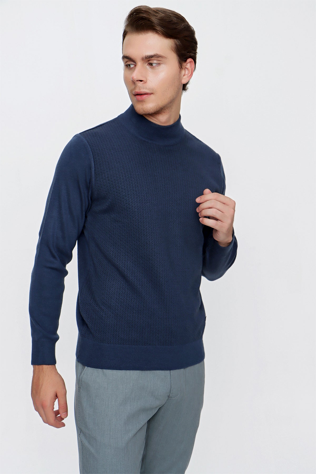 Comfort-Fit Half-Neck Patterned Knitwear - Navy Blue