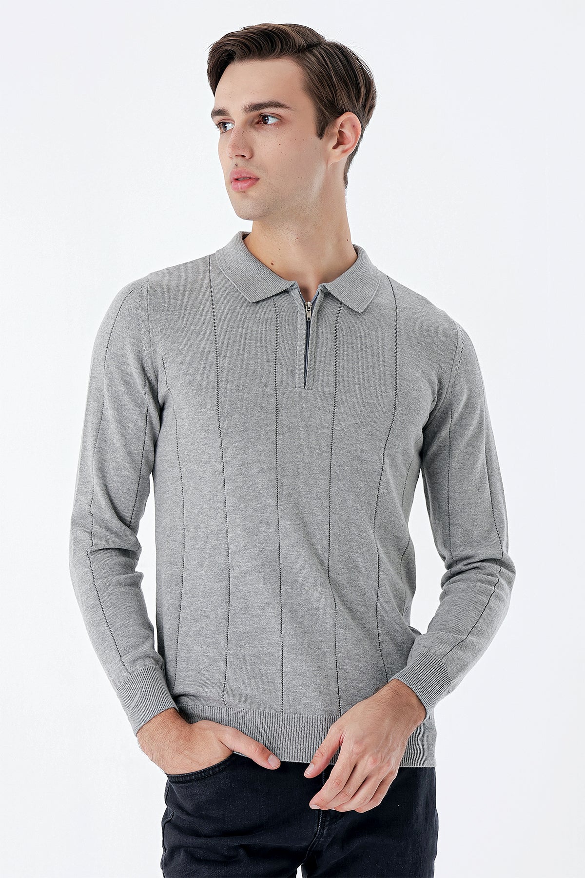 Comfort-Fit Polo-Neck Patterned Knitwear - Grey