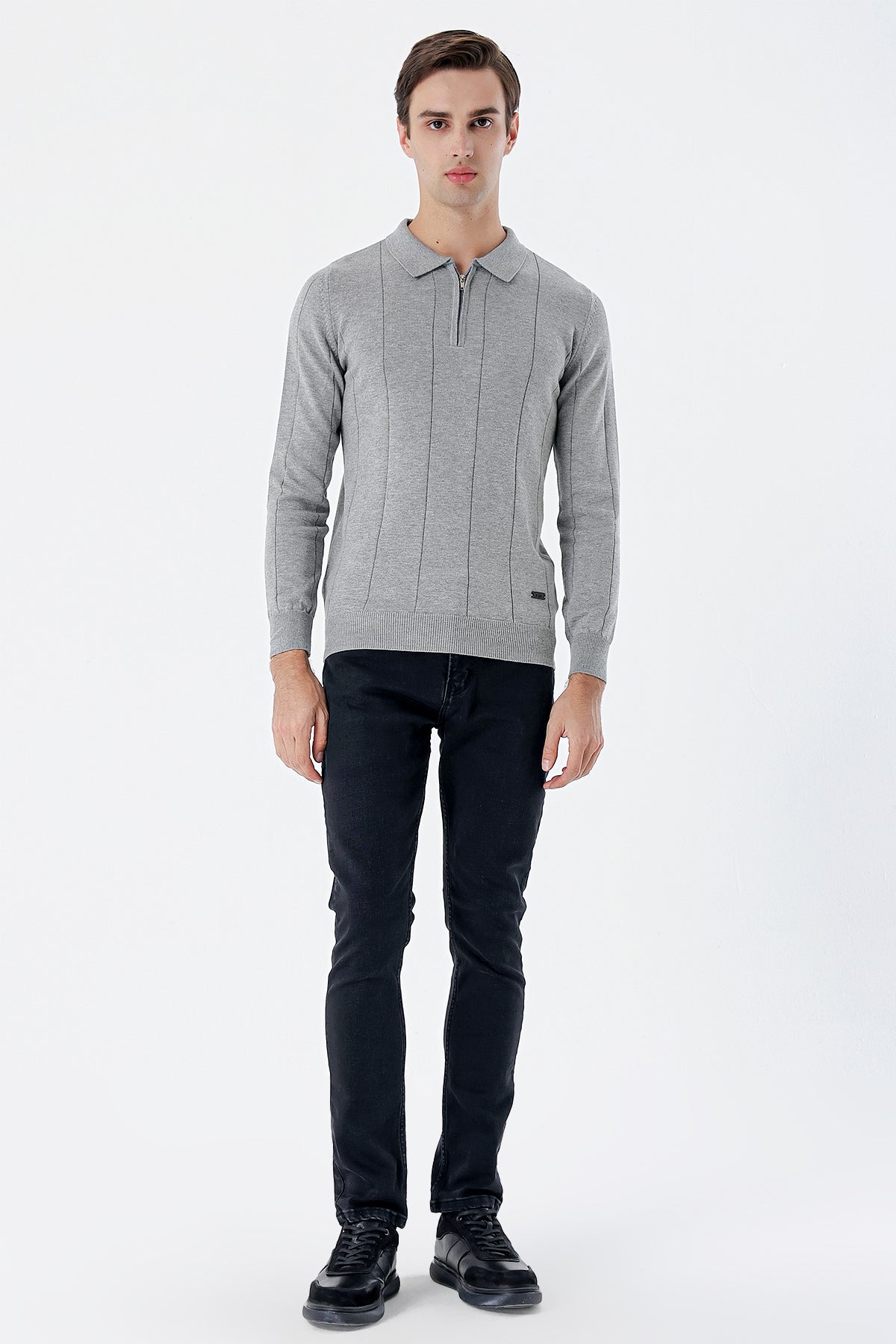 Comfort-Fit Polo-Neck Patterned Knitwear - Grey