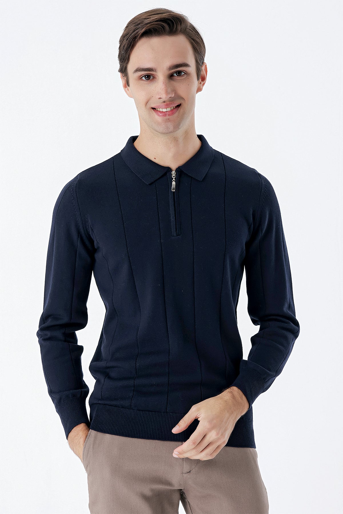 Comfort-Fit Polo-Neck Patterned Knitwear - Navy