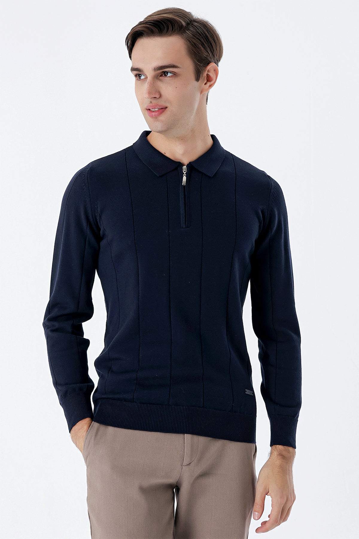 Comfort-Fit Polo-Neck Patterned Knitwear - Navy