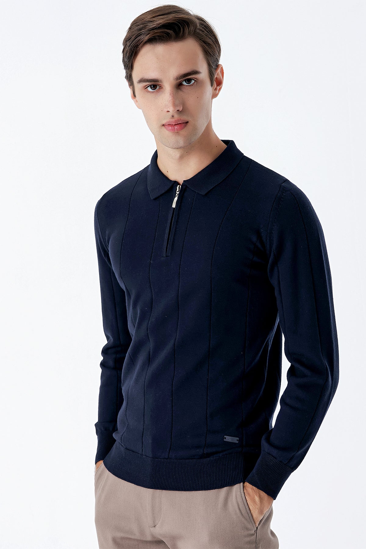 Comfort-Fit Polo-Neck Patterned Knitwear - Navy