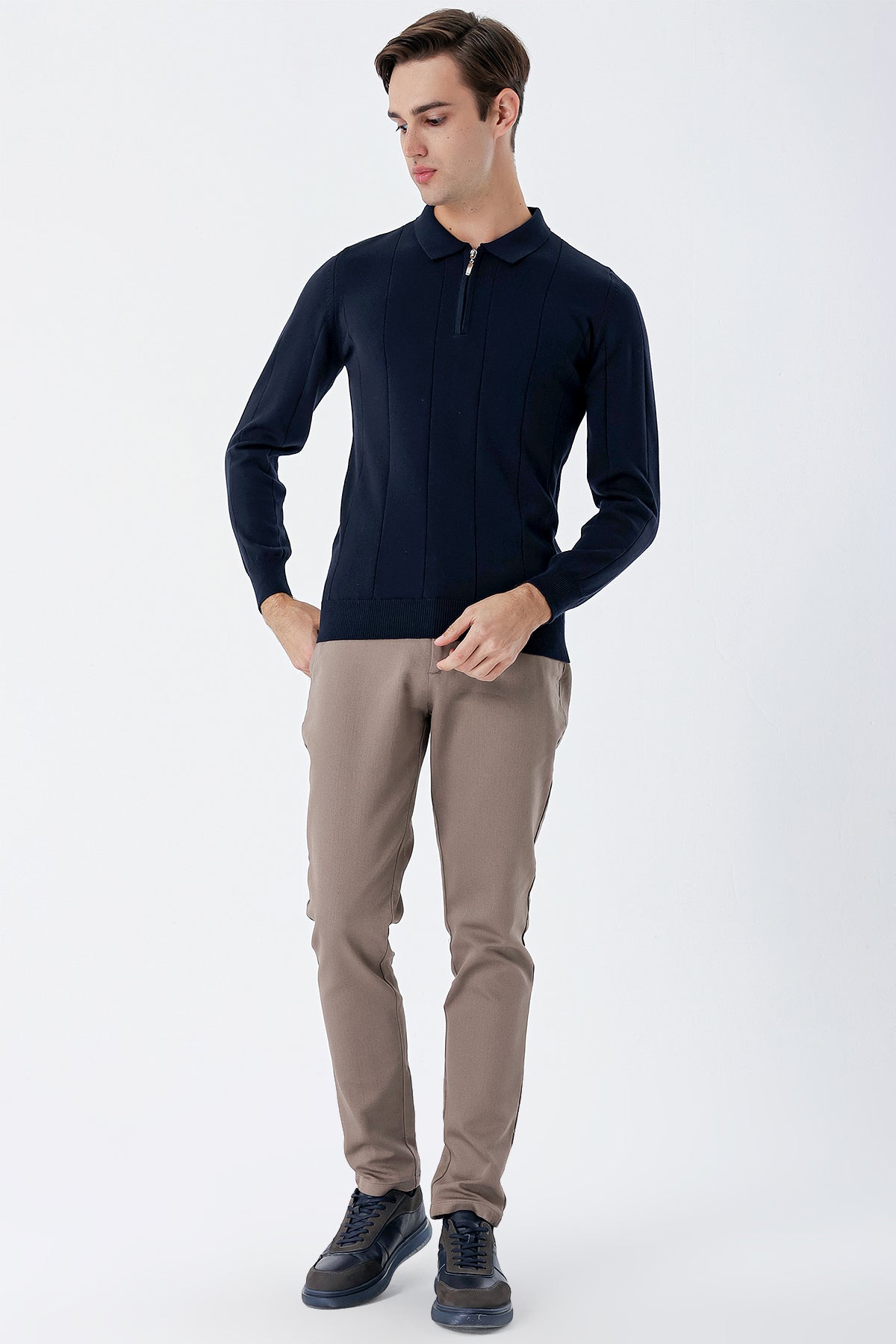 Comfort-Fit Polo-Neck Patterned Knitwear - Navy