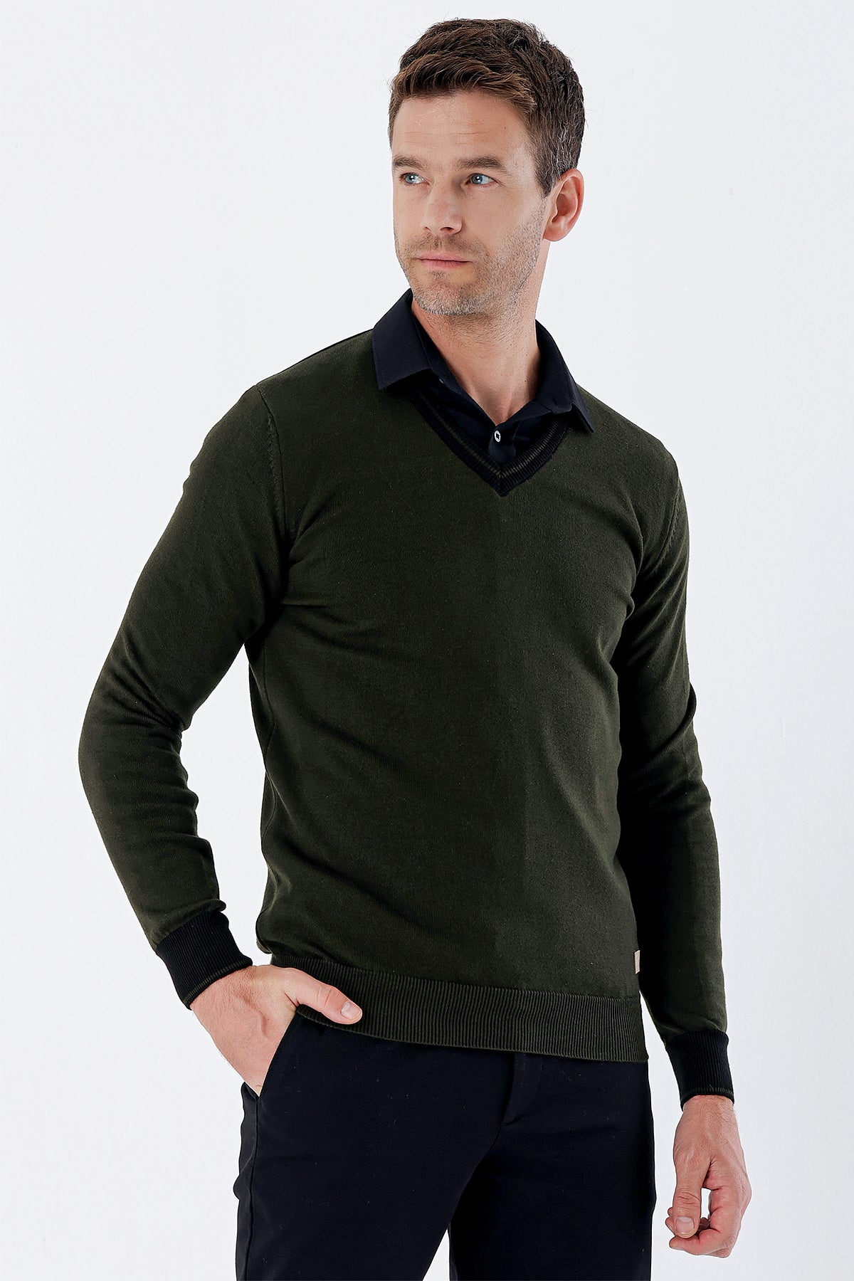 Comfort-Fit V-Neck Patterned Knitwear - Dark Khaki