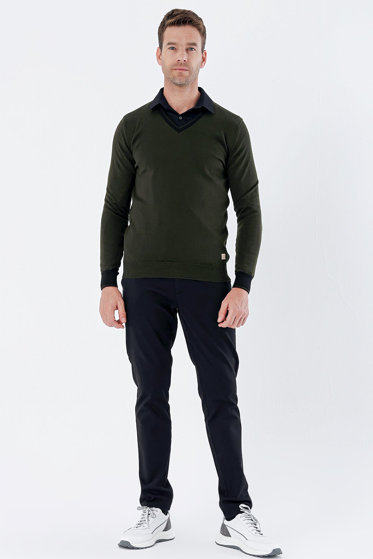 Comfort-Fit V-Neck Patterned Knitwear - Dark Khaki