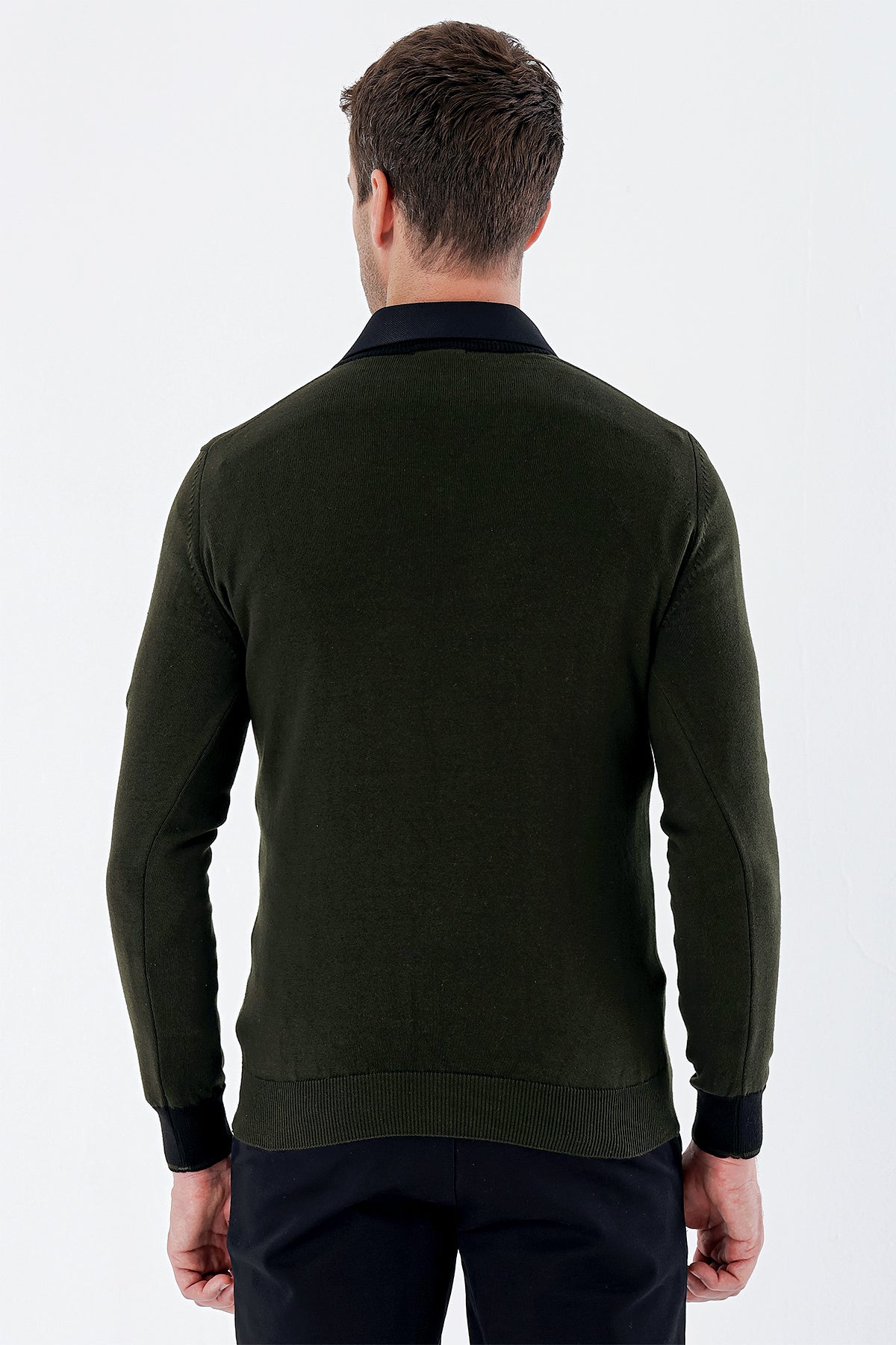 Comfort-Fit V-Neck Patterned Knitwear - Dark Khaki