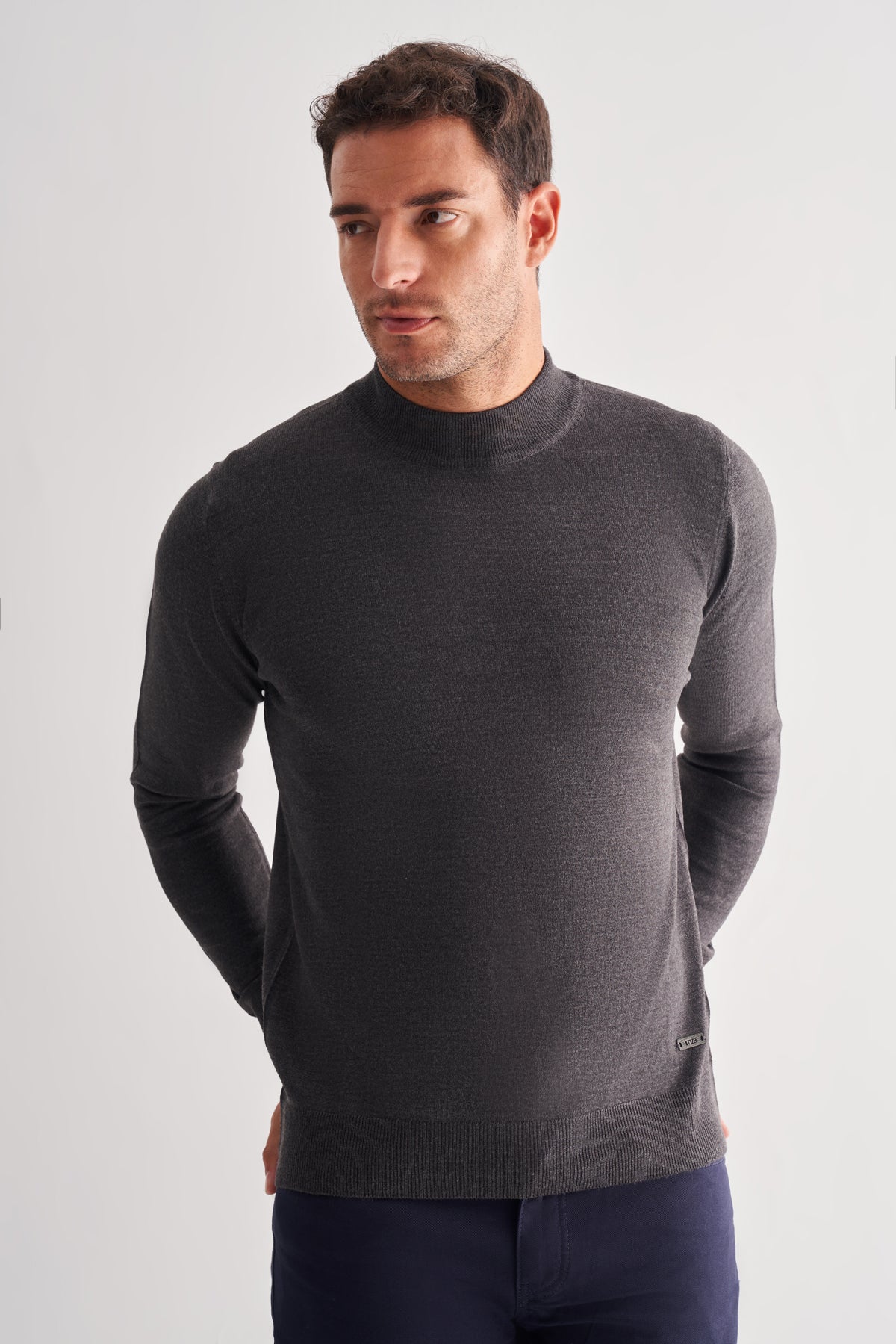 Comfort-Fit Half-Neck Jacquard Knitwear - Dark Grey