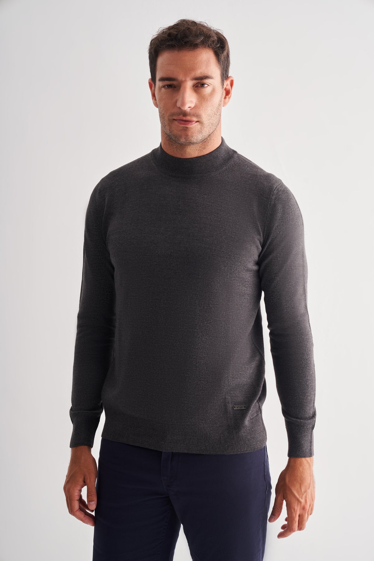 Comfort-Fit Half-Neck Jacquard Knitwear - Dark Grey