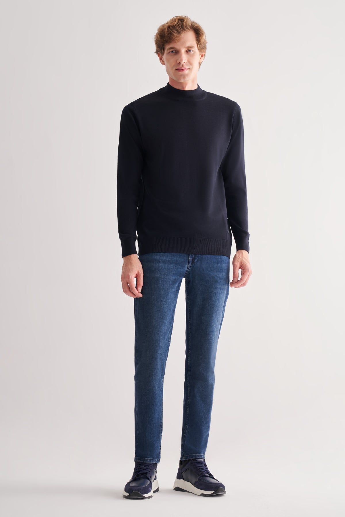 Comfort-Fit Half-Neck Jacquard Knitwear - Dark Navy