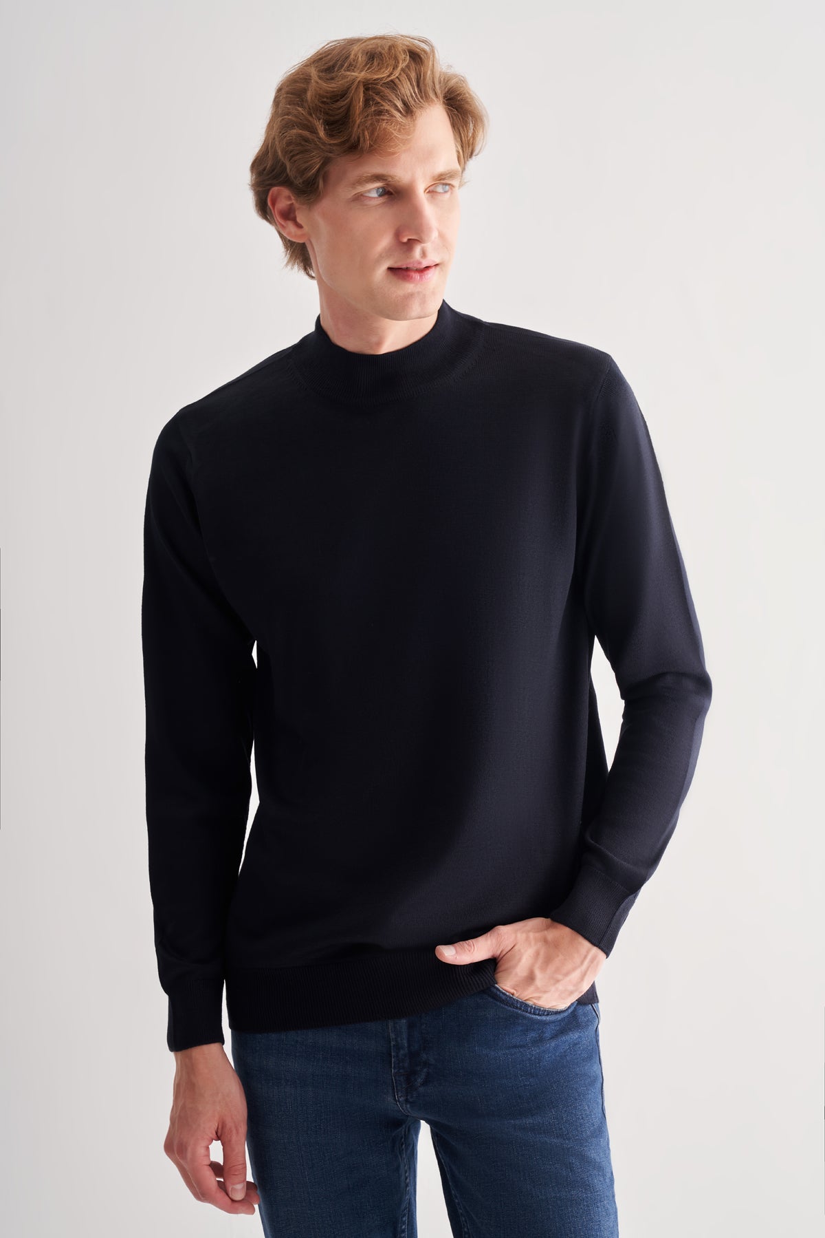 Comfort-Fit Half-Neck Jacquard Knitwear - Dark Navy