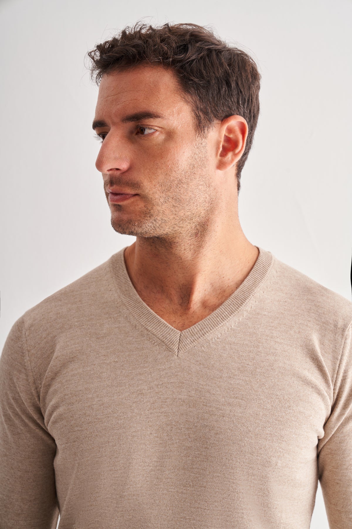 Comfort-Fit V-Neck Jacquard Knitwear - Begie