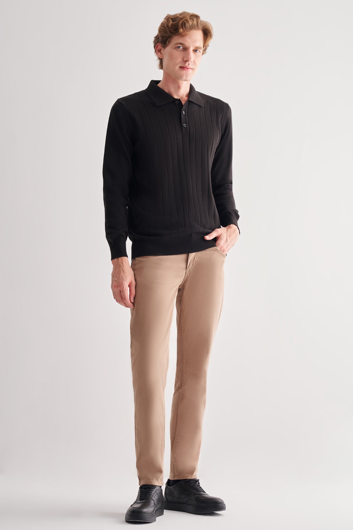 Comfort-Fit Polo-Neck Patterned Knitwear - Black