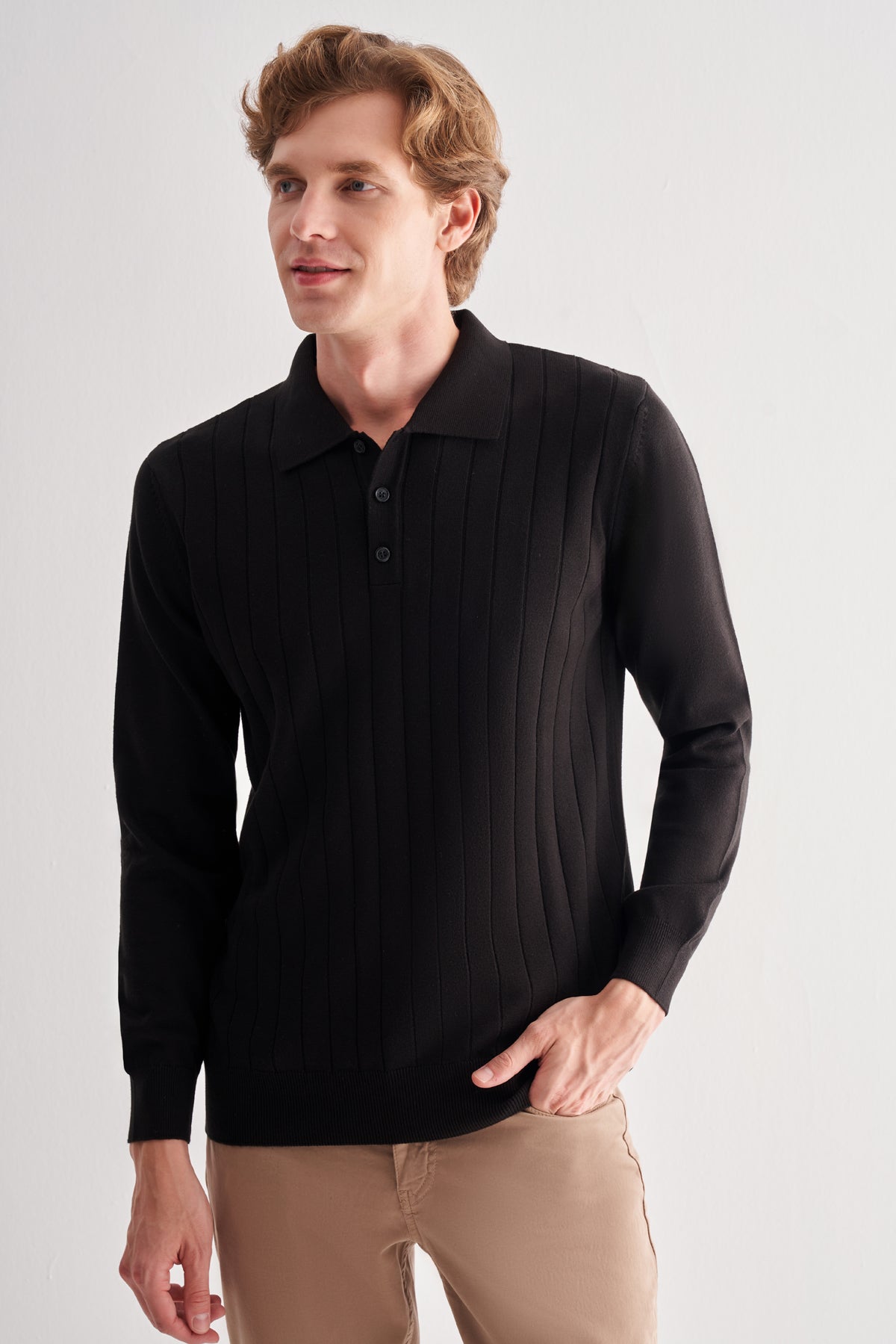 Comfort-Fit Polo-Neck Patterned Knitwear - Black