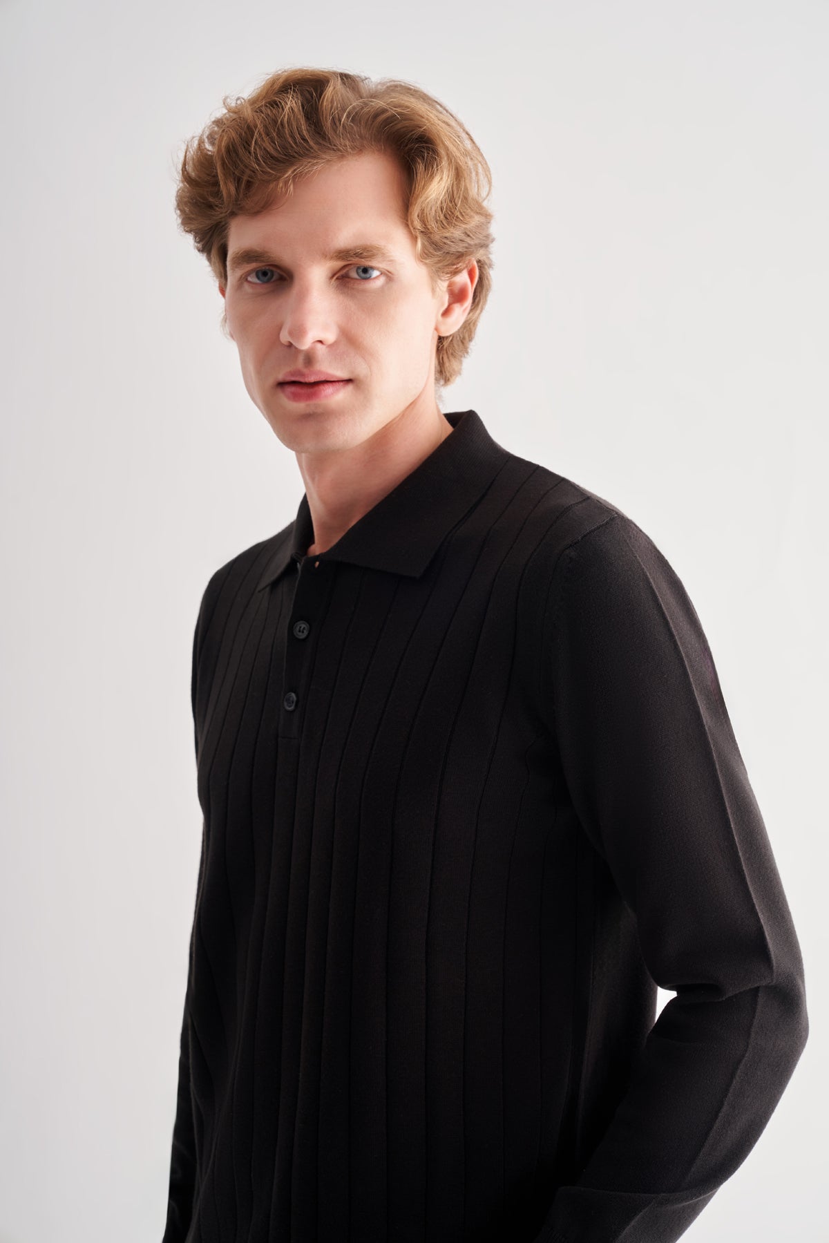 Comfort-Fit Polo-Neck Patterned Knitwear - Black