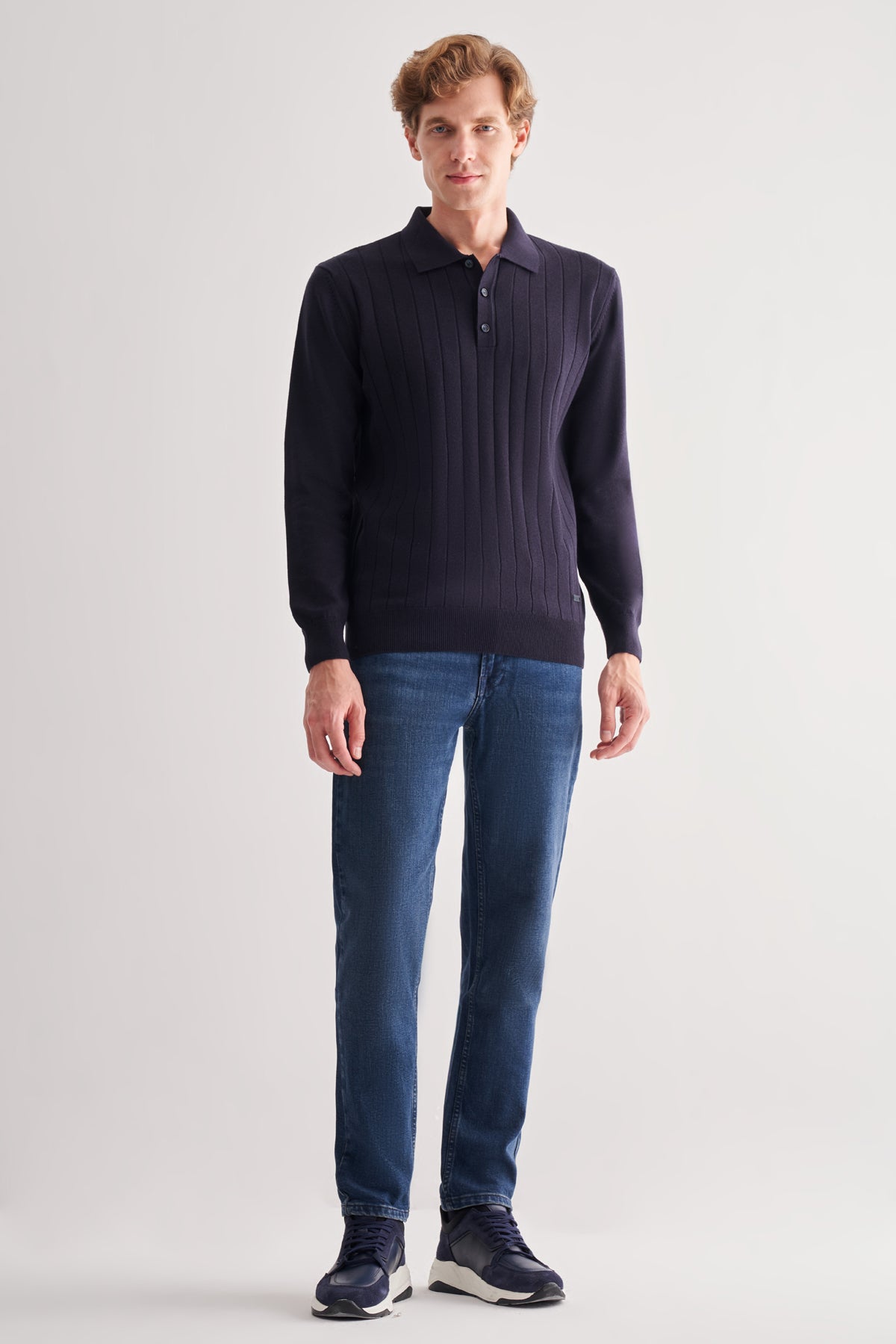 Comfort-Fit Polo-Neck Patterned Knitwear - Dark Navy