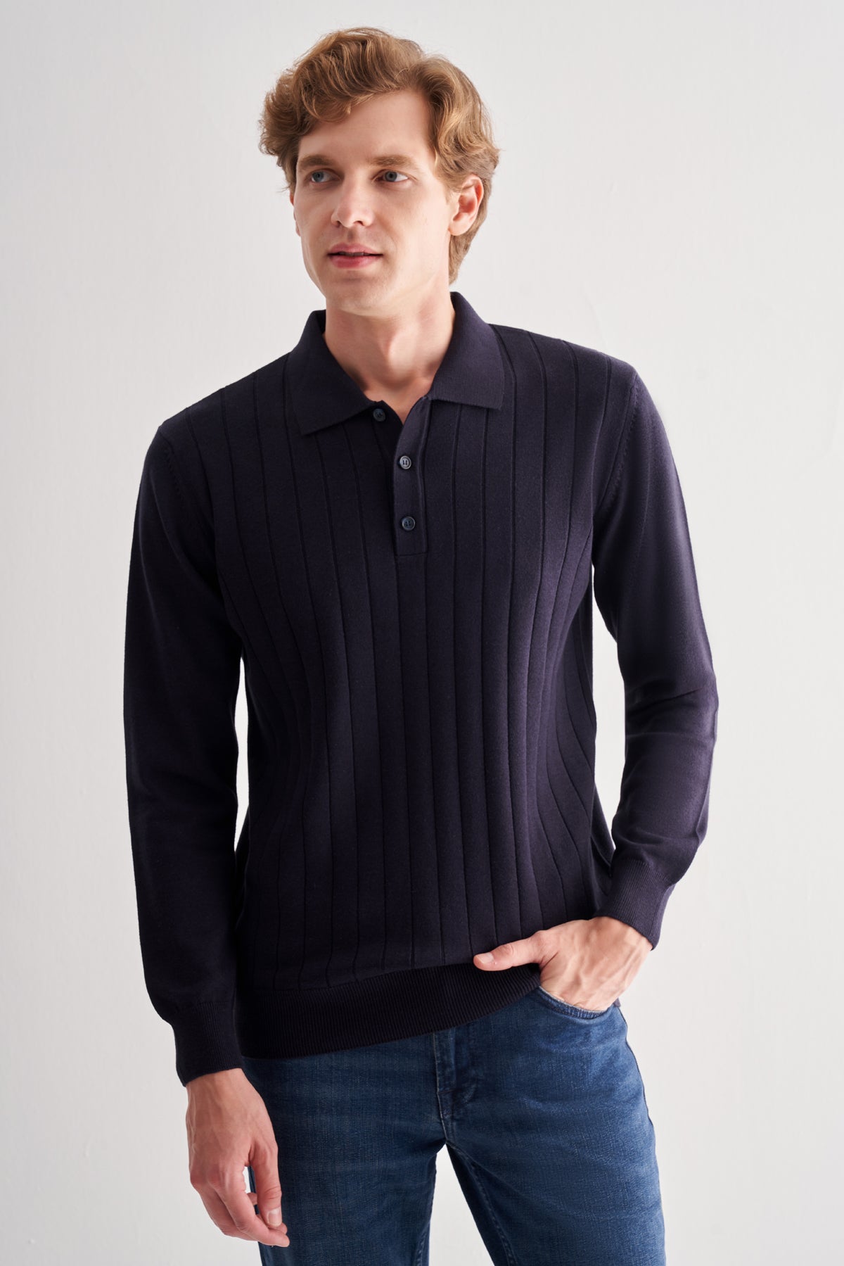 Comfort-Fit Polo-Neck Patterned Knitwear - Dark Navy