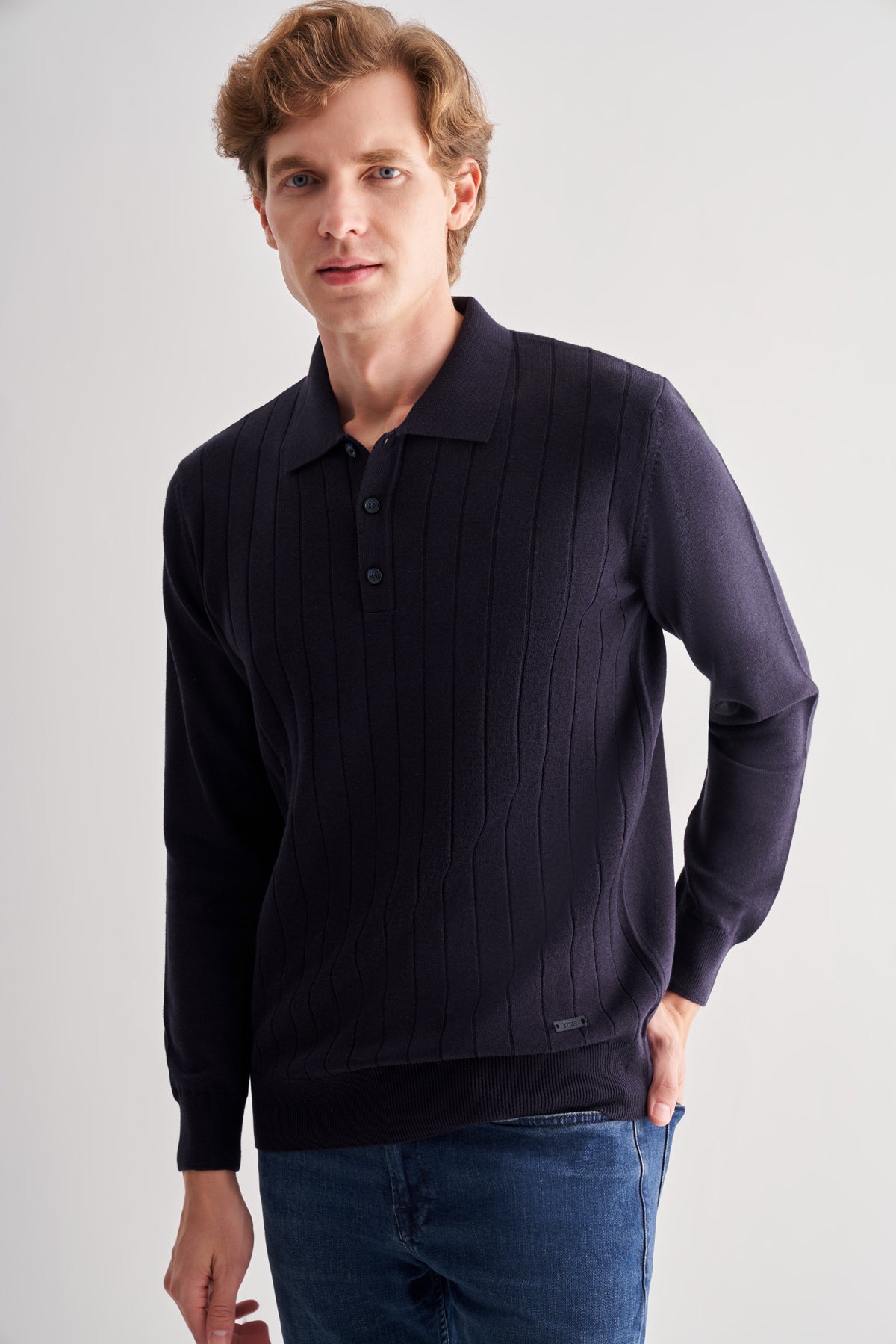 Comfort-Fit Polo-Neck Patterned Knitwear - Dark Navy