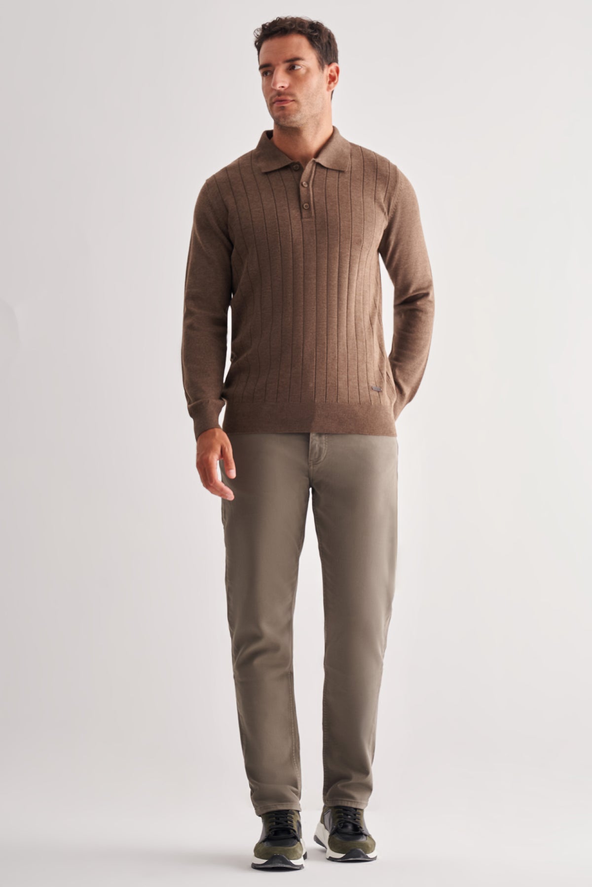 Comfort-Fit Polo-Neck Patterned Knitwear - Brown