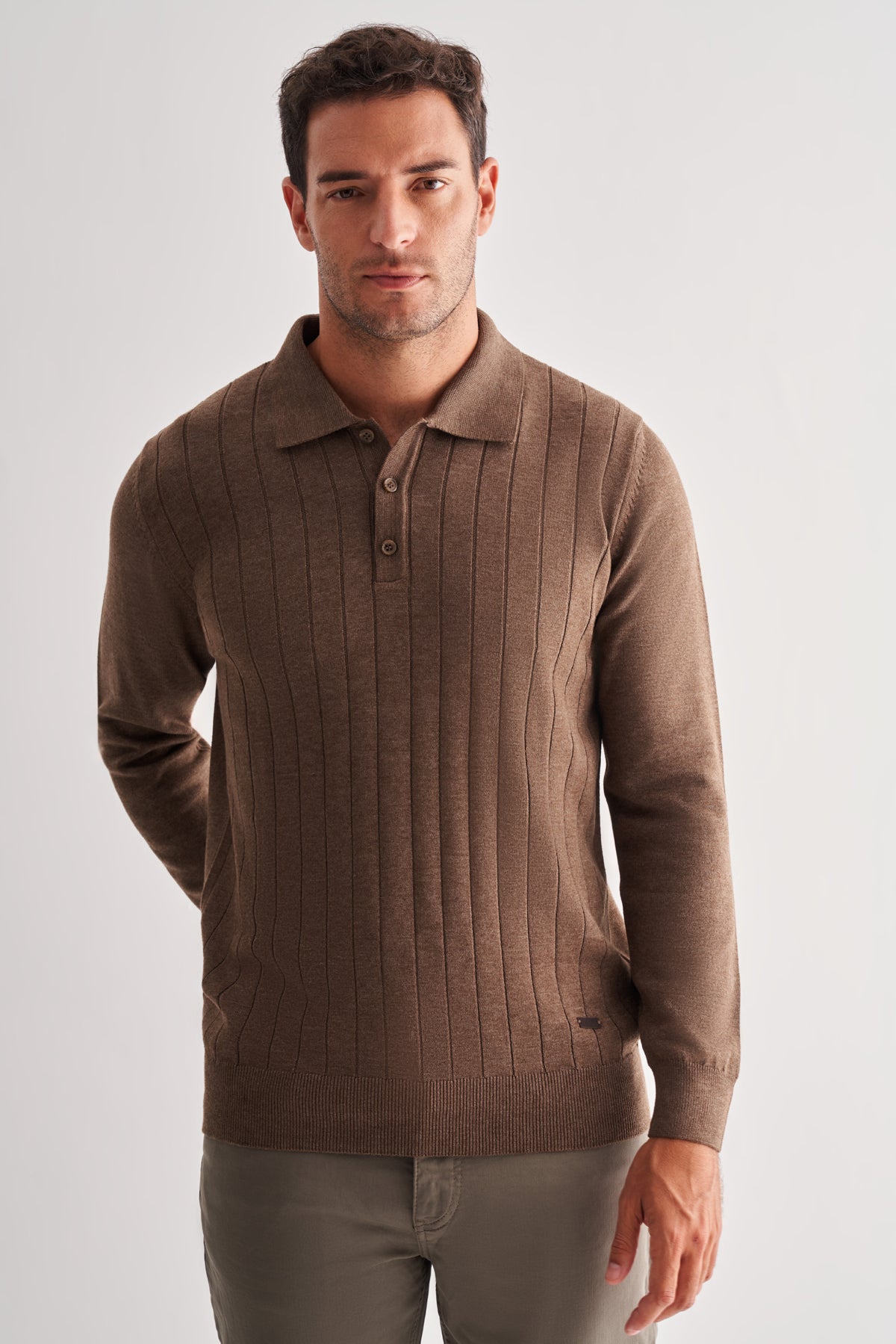 Comfort-Fit Polo-Neck Patterned Knitwear - Brown