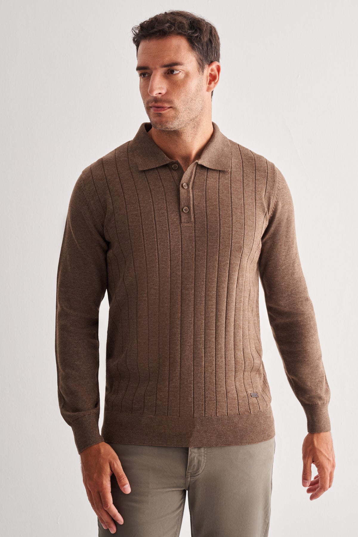 Comfort-Fit Polo-Neck Patterned Knitwear - Brown