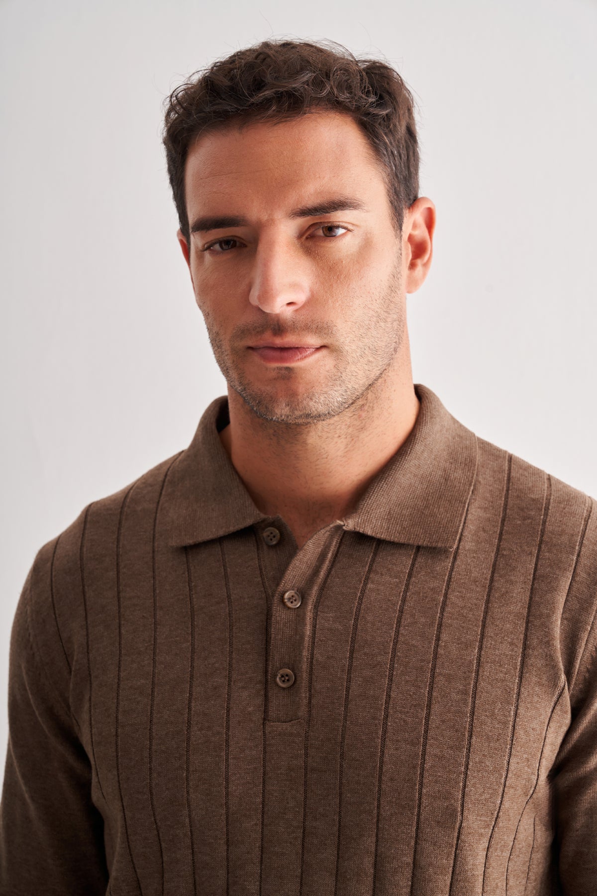 Comfort-Fit Polo-Neck Patterned Knitwear - Brown